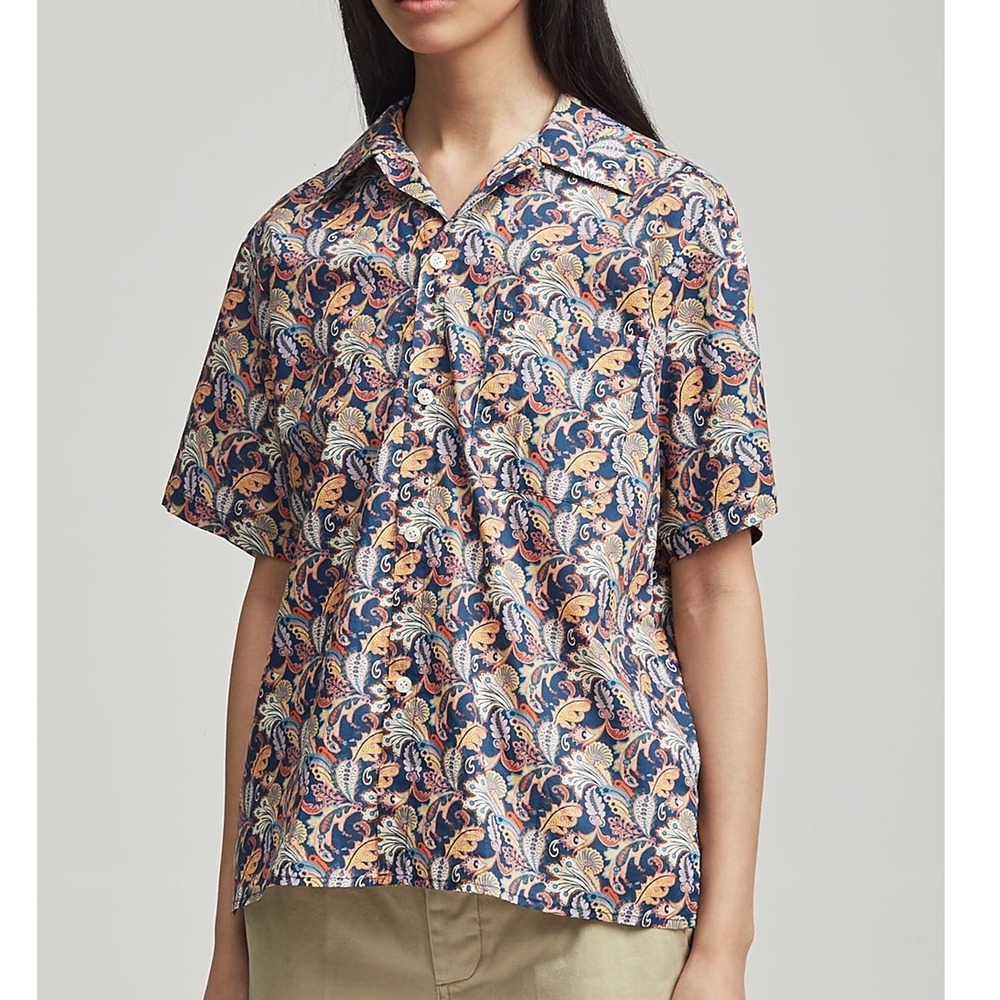R13 Skater Shirt Blue‎ Paisley Cotton Short Sleeve Button Front Woven Size XS